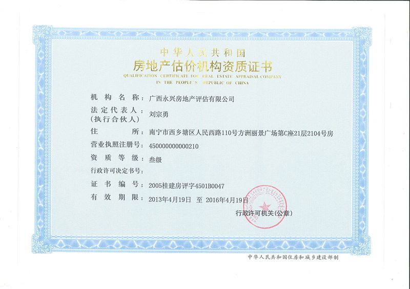 房地产评估资格证书